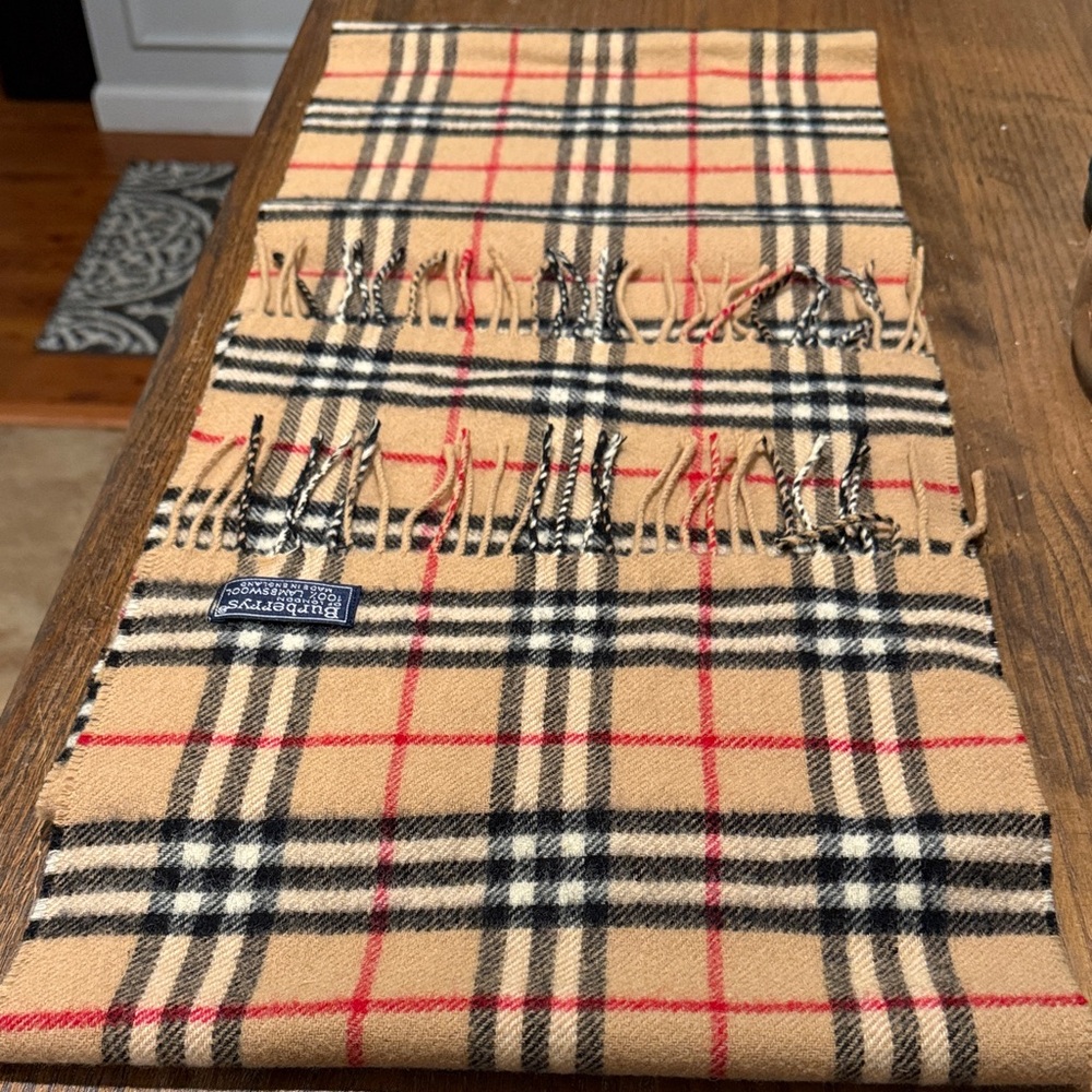 Burberry Tan, Black, and Red Checkered Scarf 100% Lambswool